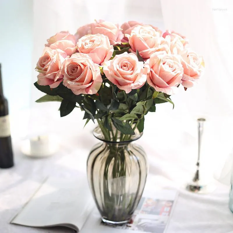 Kwiaty dekoracyjne 6pcs romantyczny sztuczna gałąź różowa róża dom w domu weselny