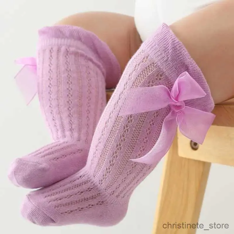 Kids Socks Pair Summer Baby Socks For Girls Bows Soft Cotton Elastic Solid Color Mesh Newborn Socks Kids Princess Knee High Socks 0-2Y