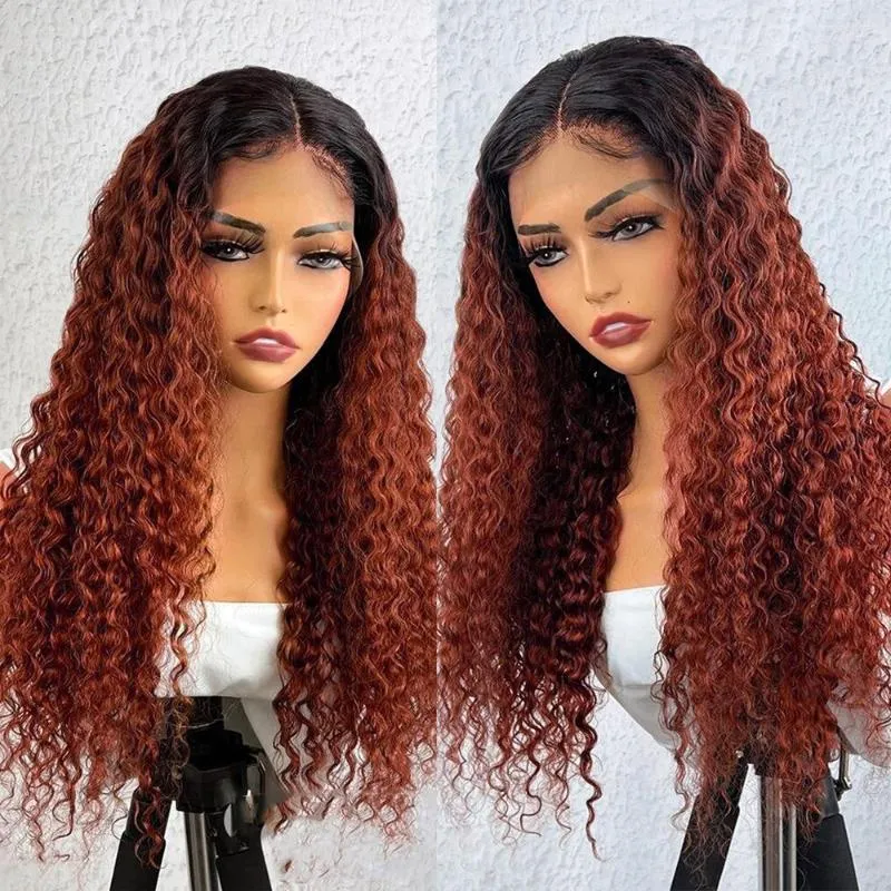 Frontale lungo in pizzo rosso rame Ombre per donne nere Radici scure Capelli afro ricci in fibra di calore sintetica Abbigliamento quotidiano