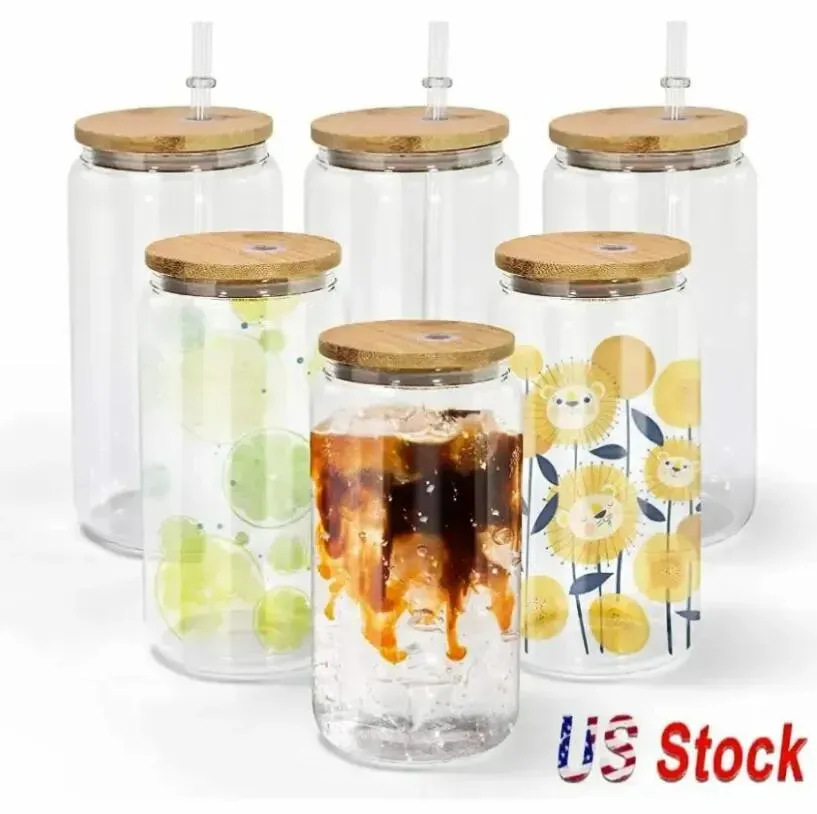 2 Tage Lieferung US Warehouse 16oz Sublimation Glass Bier Tassen mit Bambusdeckeln und Strohböhlern Frosted Clear Mason Dose Tumbler Heck -Eistekaffee Soda Tassen 4.23