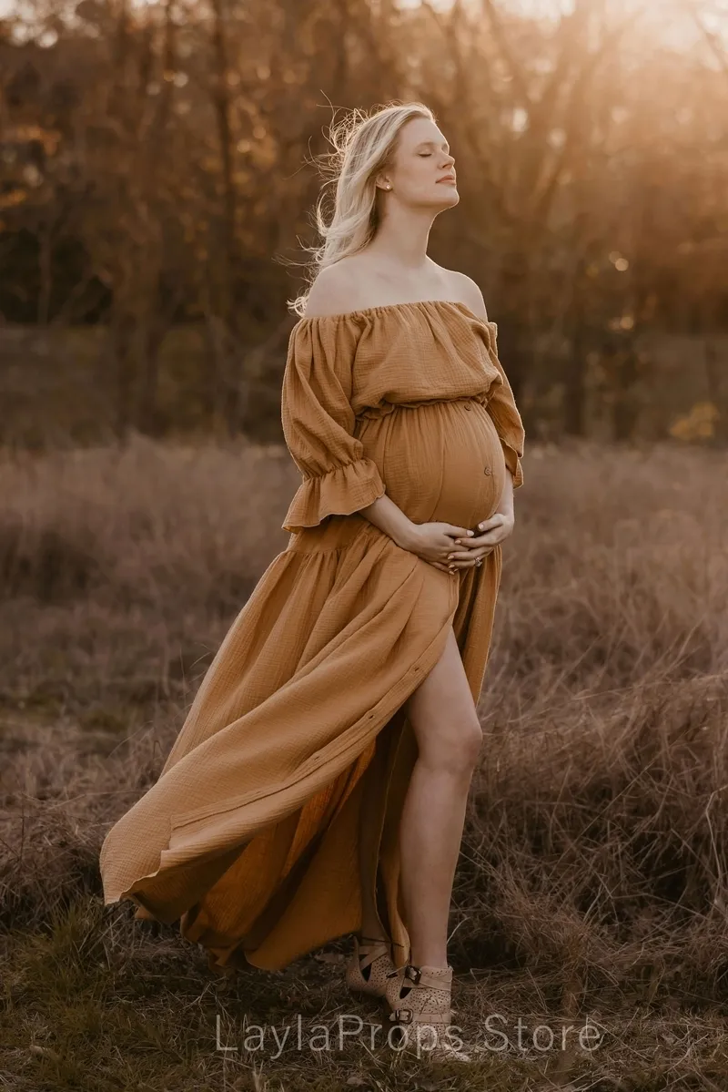 Maternity Dresses Two Piece Set Gown Beige One Size Womens Boho