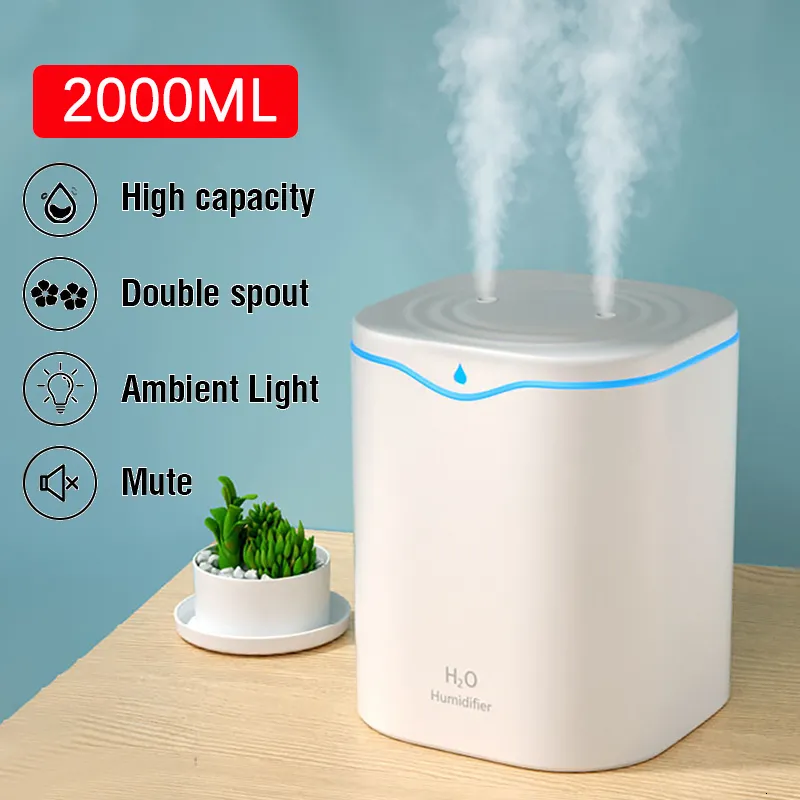 Other Home Garden 2000ML USB Air Humidifier Double Spray Port Essential Oil Aromatherapy Diffuser Cool Mist Maker Fogger for Office l230424