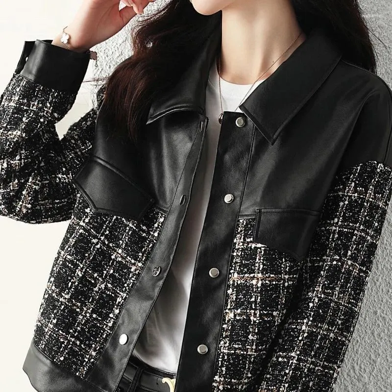 Damenjacken Kurzmantel Damen Biker-Lederjacke 2023 Frühling Herbst Lose Koreanischer Stil Vielseitig Lässiges Plaid-Top