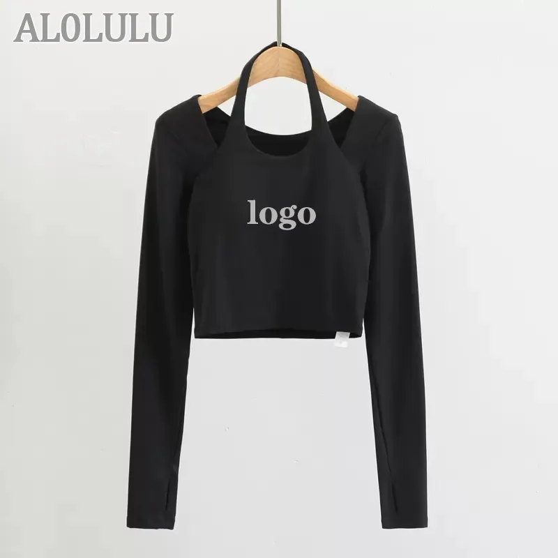 Al0lulu com logotipo roupas de yoga com almofada no peito feminino pendurado pescoço esportes de manga comprida treinamento fitness topo