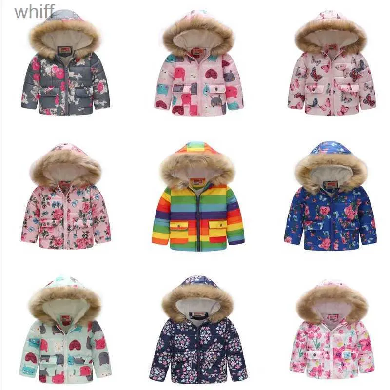 Manteau d'hiver pour enfants, veste avec capuche en fourrure, imprimé dinosaure arc-en-ciel, veste de neige pour garçons, coupe-vent, vêtements d'extérieur, Parkas pour filles, L231125