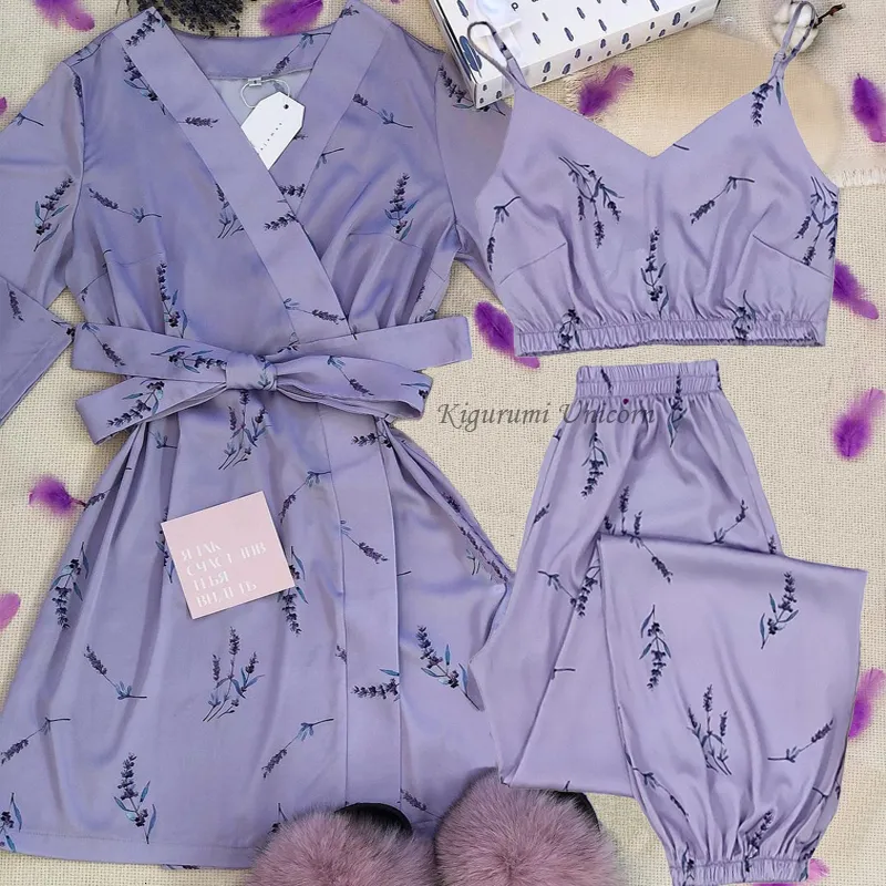 Sexig pyjamas satin siden nattkläder set kvinnors 3 st axel rem topp byxor blomma tryck nattkläder höst nattkläder hushåll nattkläder kväll klänning s-xxl 230425