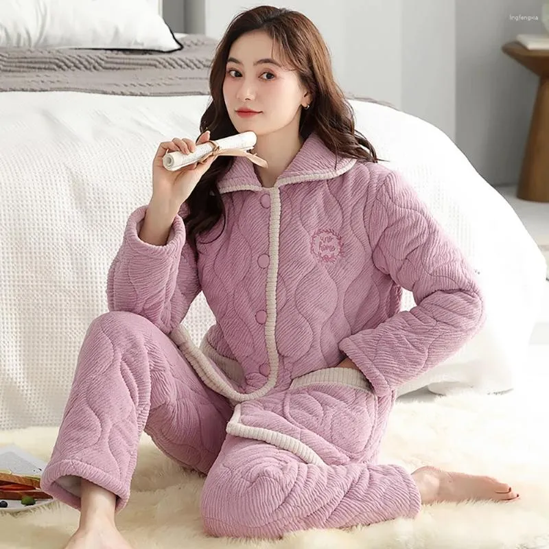 Winter Flannel Super Thick 3 Layer Air Cotton Pajama Set For Women