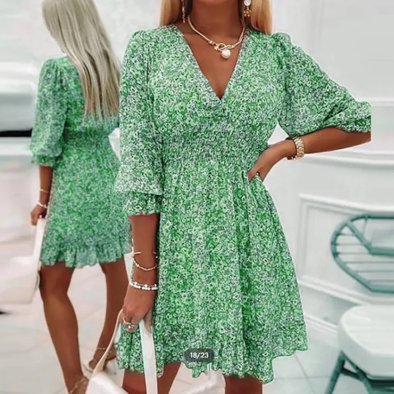 Casual Dresses Women Floral Print Dress Summer Sexy V-ringen Boho Half Sleeve A-Line Short Dress Female Elegant Beach Dresses Vestidos 230425