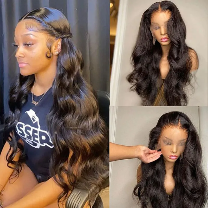 Spetsspårar Body Wave Front Wig 13x4 HD Frontal 180% Kvinnor Svart mänskligt hår Brasilianska 3 arbetsdagar Leverans