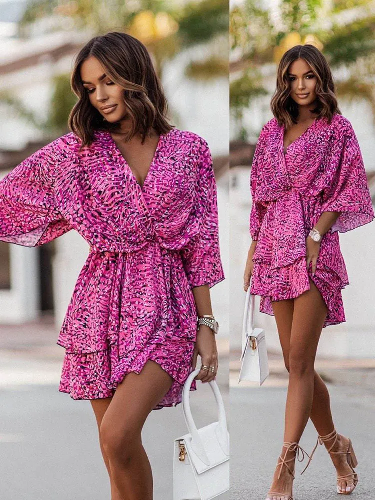 Women's 2025 Summer Cross Midi Dress - Boho V Neck Short Sleeve Ruffle Hem Wrap Dress