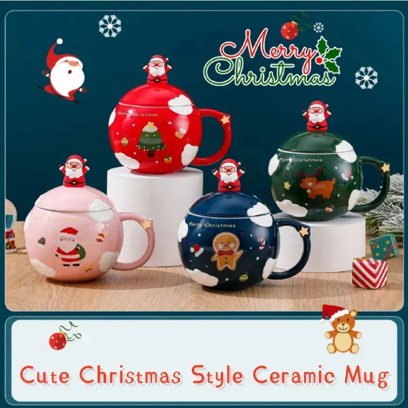 Canecas Criativo Caneca de Café de Natal Bonito Dos Desenhos Animados Caneca de Cerâmica Leite Chá Café da Manhã Conjunto com Capa e Colher Presentes de Ano de Natal 231124