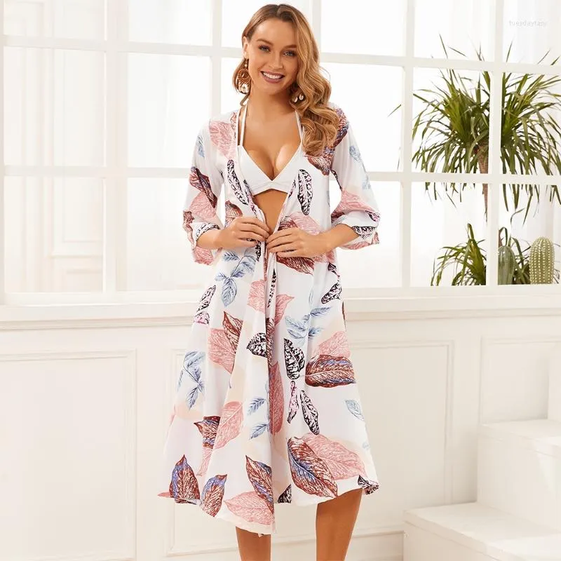 Women's Blouses Women Chiffon Swimsuit Cover Ups Leaves Print Lace-Up Open Front Kimono Cardigan N7YE