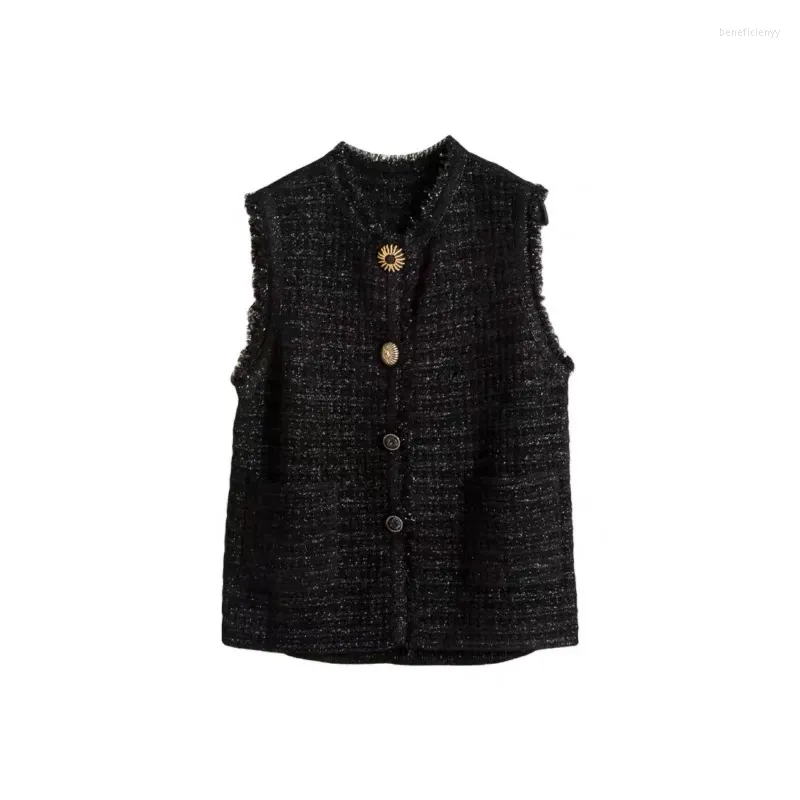 Damesvesten 40% wol elegante en slanke tweed franjes zwart gebreide vest in de herfst winter mouwloos bovenkleding jasje vest