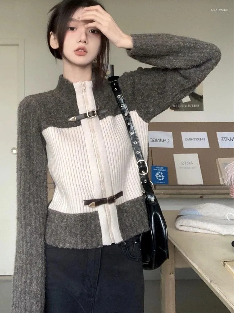 Maglioni da donna Kimotimo Colorblock Cappotto maglione con cerniera Donna 2023 Autunno Slim Manica lunga Cardigan lavorato a maglia Vintage Colletto alla coreana Designer