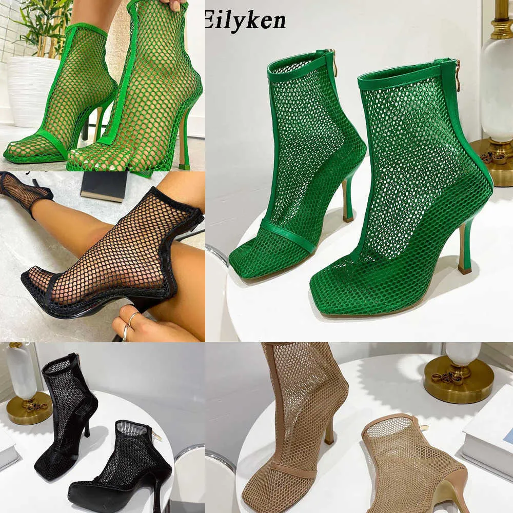 Nowy projekt zielony czarny kwadratowy palca siatkowy botki Sock Buts Modna seksowna wysokie obcasy Sandały Buty 230306