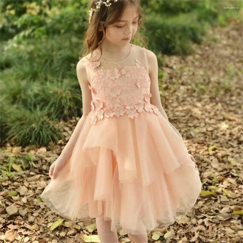 Abiti da ragazza Bellissimo abito a fiori per matrimonio Tulle senza maniche al ginocchio Applique Prima festa di compleanno eucaristica del bambino