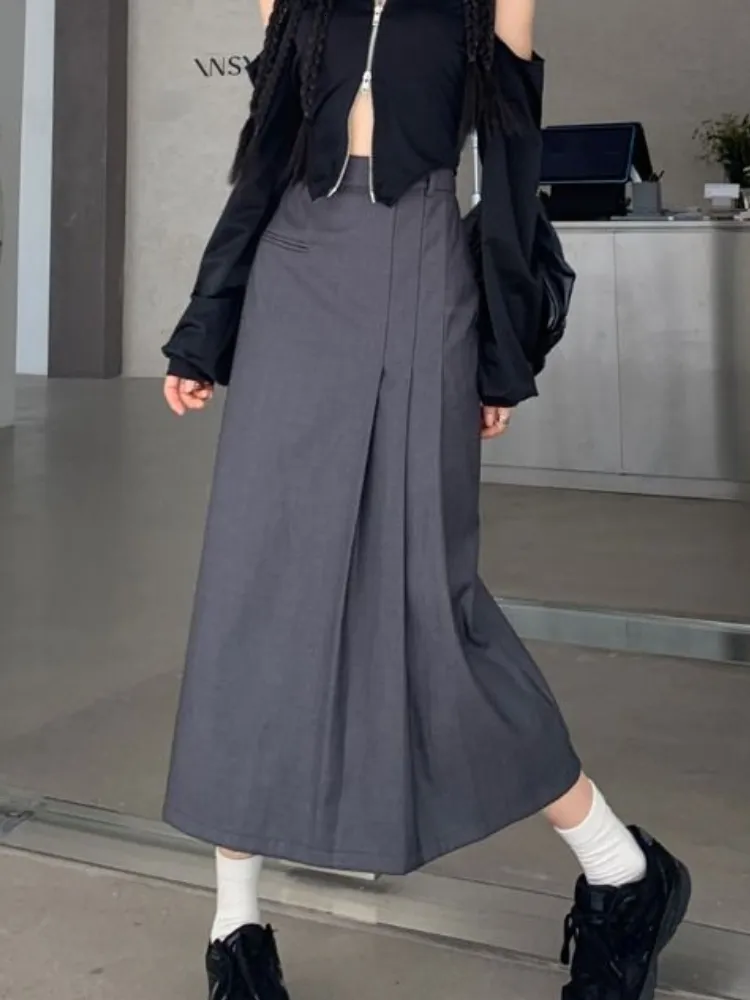 Saias Houzhou Irregular Long Women Vintage Y2K HAIS CAIZ A-LINE A PACKWORK PLEAT SCOLO CASUAL 90S STREETHEAW Summer 230424