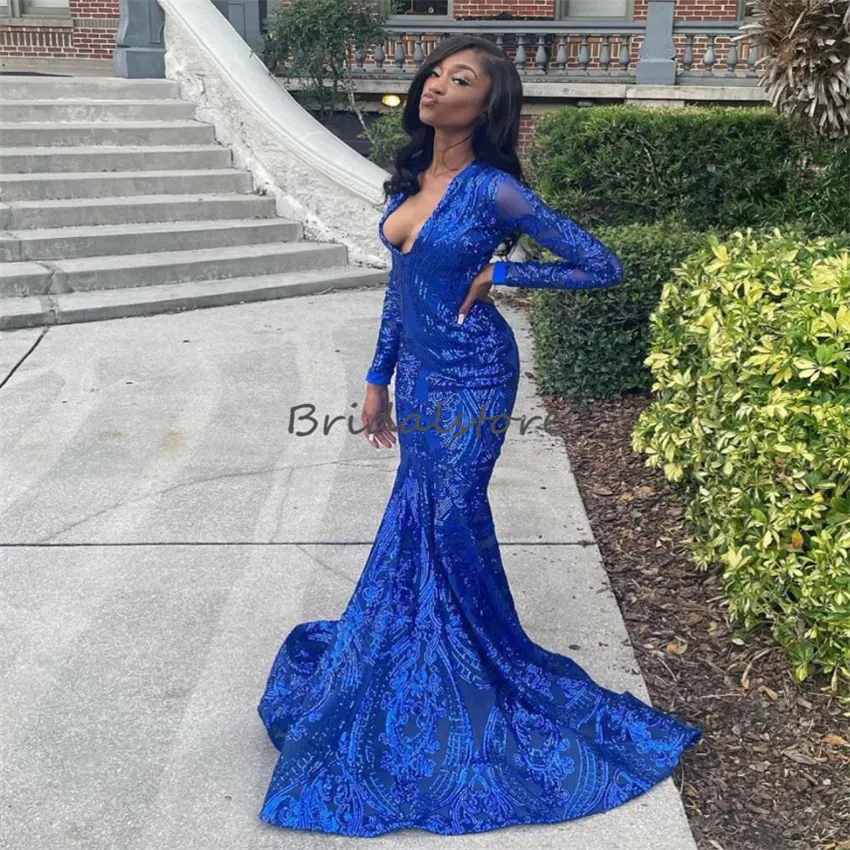 Sparkling Glitter Blue Sequin Mermaid Royal Blue Prom For Black Girls V  Neck, Long Sleeves, Formal Evening Wear For 2023 Birthday And Dance Parties  Elegant Vestidos De Fiesta From Bridalstore, $114.71