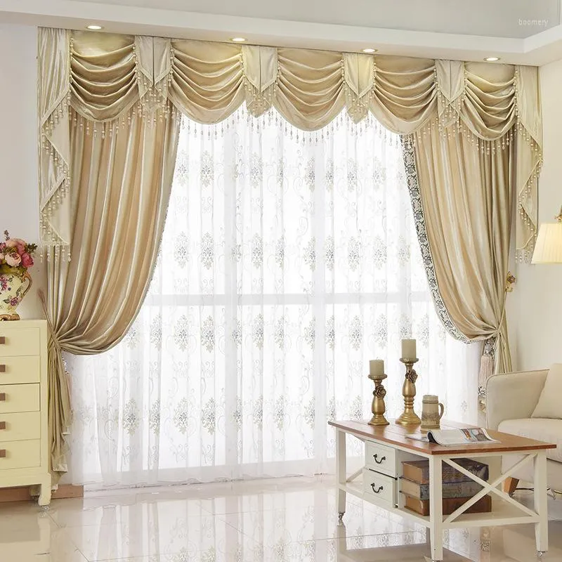 Rideau De Luxe Style Européen Beige Pour Salon Chambre Haute-Teinte Solide Couleur Velours Italien Valance Personnalisé