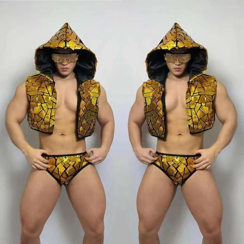 Men's Tracksuits Nightclub Dj Men Dancer Gogo Costume Burning Man Outfit Pole Dance Clothes Hooded Sleeveless Lens Vest Briefs Top Shorts