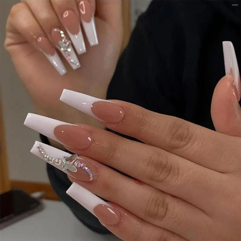 Unhas falsas francesas brancas-pontas quadradas falsas duráveis e não fáceis de arranhar para decoração de manicure de arte de unhas