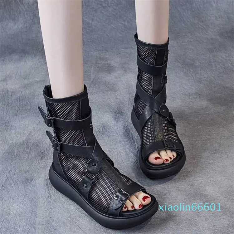 2023 Lente en zomer Koreaanse damesschoenen Dikke laarzen Hightop Tule Sandals British AA230424