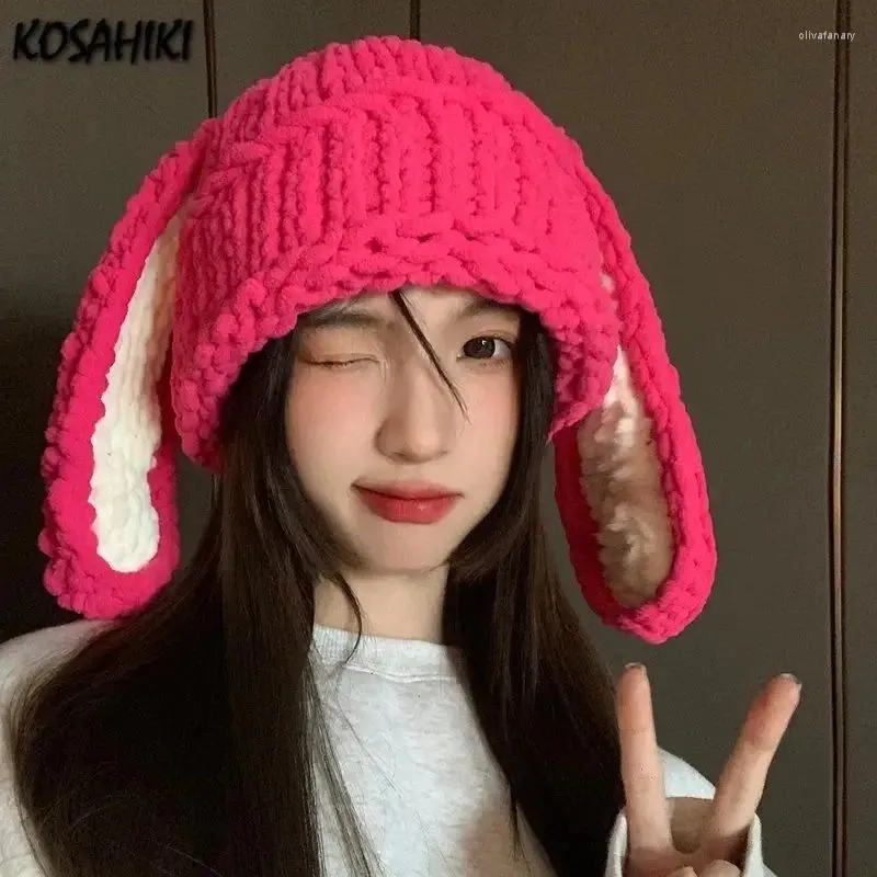 Bérets Y2k Oreilles Esthétique Femmes Kawaii Chapeaux 2023 Automne Hiver Tricoté Couleur Contrastée Chapeau Doux Tout Match Casquette De Mode Japonaise