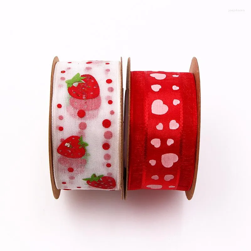 Jewelry Pouches 25mm 5m Cute Style Ribbon White Strawberry /Red Heart Polyester Printing Wedding Gift Packaging