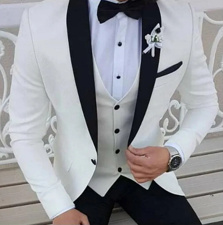 Slim fit wedding smokings mass traje três peças xale preto lapela marfim padrinho noivo formal desgaste baile baile blazer cenas de colete