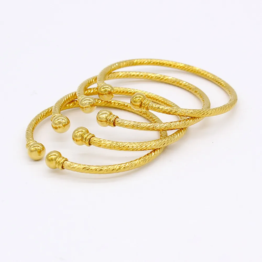 Women Cuff Bangle Bracelet Fashion Lady Plat Simple Style Solid Real 18k Gold Color Classic Girls Present Gift 2pcs