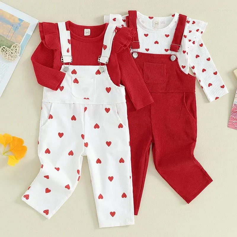 Clothing Sets Valentine's Day Children Girls Heart Print Ribbed Ruffles Long Sleeve T-shirts Pocket Suspender Pants Overalls