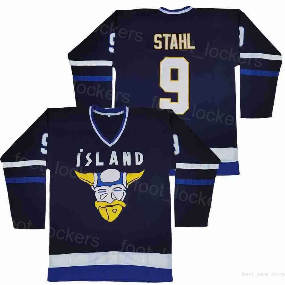 College Movie Hockey Iceland Mighty Jerseys 9 Gunnar Stahl Film Team Color Away Navy Blue All Stitched University Breathable Pure Cotton Pullover Retro University