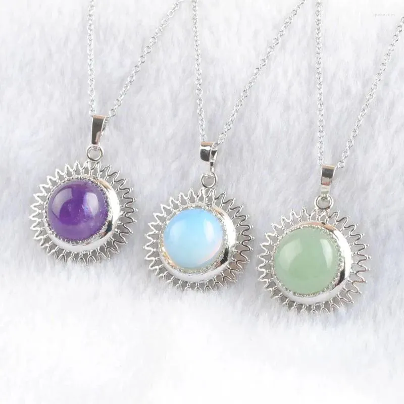 Pendant Necklaces Natural Stone Amethysts Lapis Lazuli Opal Sun Flower Shape Round Necklace Jewelry For Women Gift Chain 45cm IBN428