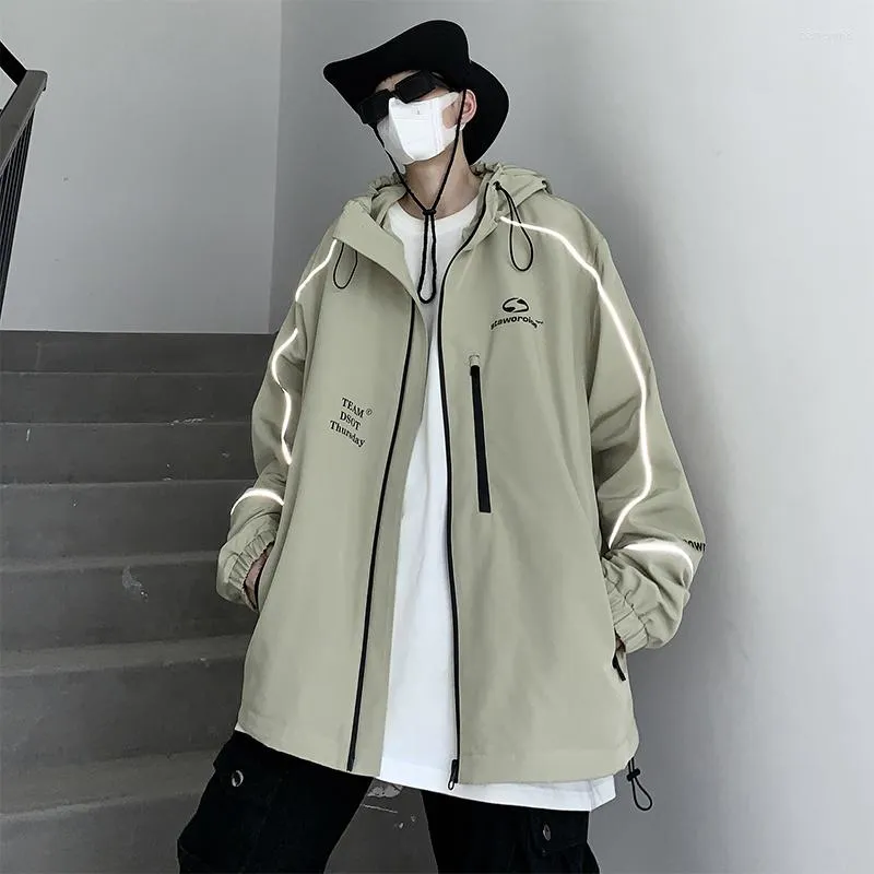 Men's Jackets Spring Men Stripe Reflective Korean Streetwear Hooded Casual Male Outerwear Coats Unisex Loose Windbreakers