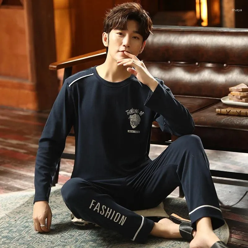 Vêtements de nuit pour hommes coréens style minimaliste hommes pyjamas ensemble pantalon à manches longues coton pour garçons loisirs hommes pijamas mode homesuits