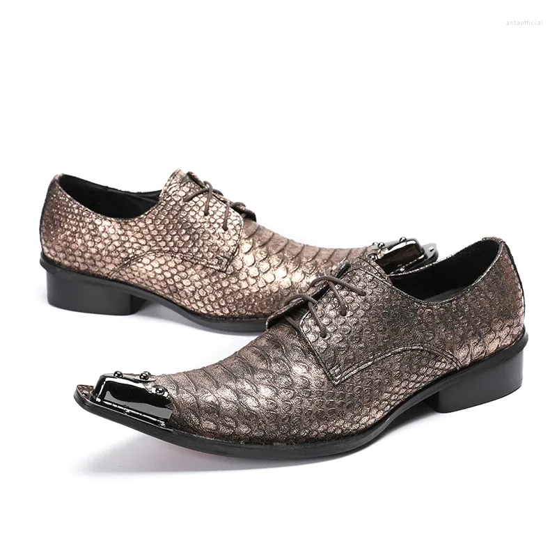 Scarpe eleganti Moda italiana Bronzo Pelle di serpente Vera pelle Oxford da uomo Stringate Punta in acciaio Matrimonio formale da uomo