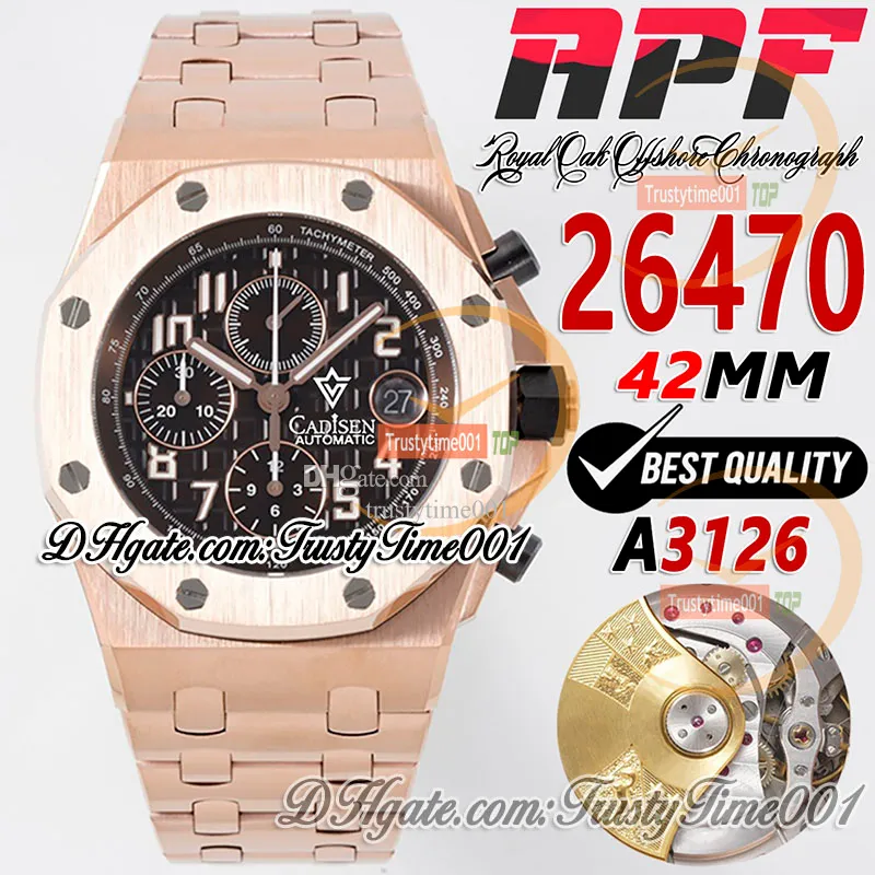 APF 42mm 26470 A3126 Cronografo automatico da uomo Orologio in oro rosa marrone con quadrante strutturato Indici numerici Bracciale in acciaio inossidabile Super Edition trustytime001Orologi