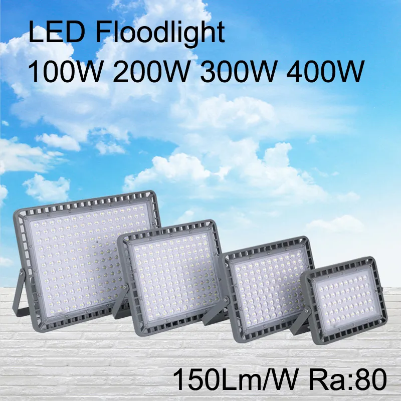 100W 200W 300W 400W LED 투광 조명 150lm/w RA80 경기장 램프 홍수 가벼운 야외 6500K IP67 뒤뜰 잔디밭 크레스트를위한 방수