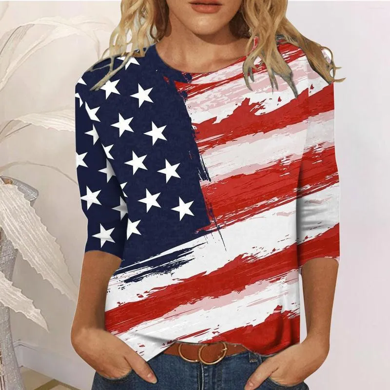 여자 T 셔츠 2023 스프링 여성 7 월 4 일 애국심 장식 미국 국기 독립 기념일 느슨한 줄무늬 O-Neck 3/4