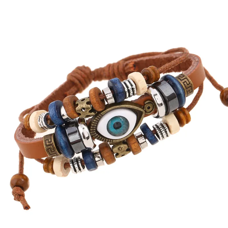 Design clássico Evil Eye Charm Bracelet Três jóias de pulseiras de couro em camadas para homens