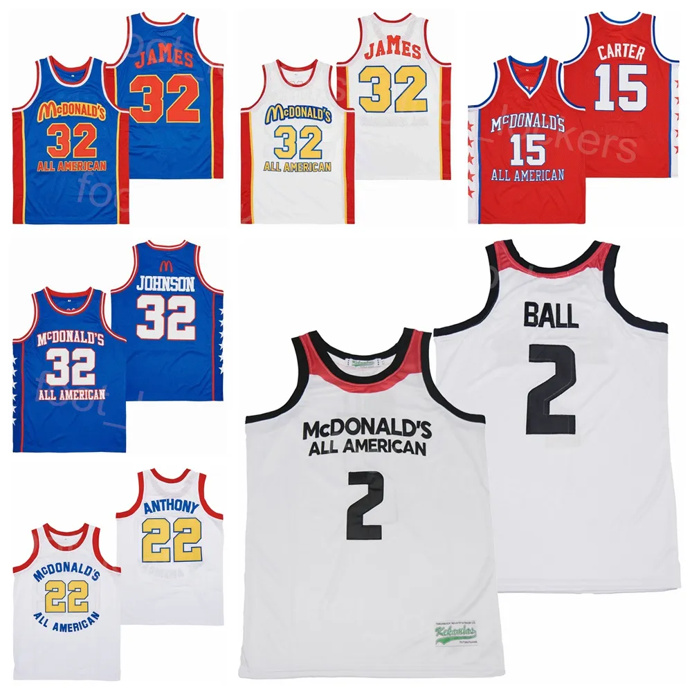 Movie MCDONALDS Basketball Jersey ALL AMERICAN Vince Carter 15 LEBRON JAMES 32 LONZO BALL 2 Carmelo 22 MAGIC JOHNSON BRYANT 33 Stitched Blue White Orange College