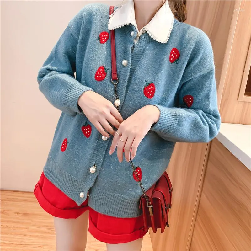 Women's Knits Autumn Knit Cardigan Cute Sweet Strawberry Embroidery Sweater Women Pearl Buttons Tops Streetwear Fall Sweaters