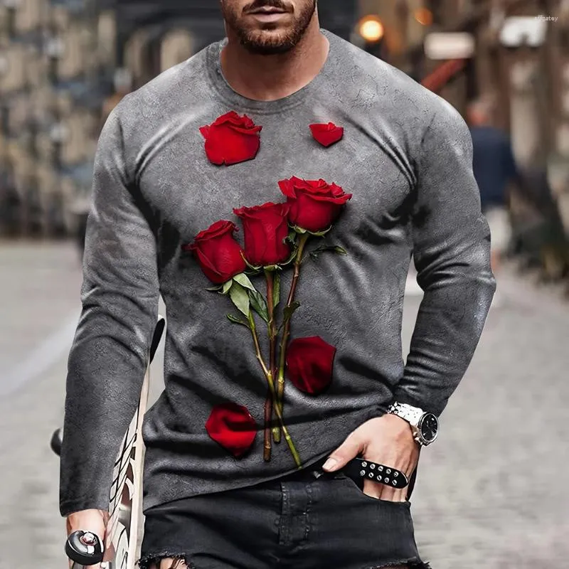 Mannen T-shirts 3D Rose Afdrukken Lange Mouw T-shirt Mode Katoen Herfst Casual O-hals Tops Hip Hop Harajuku Oversized trui