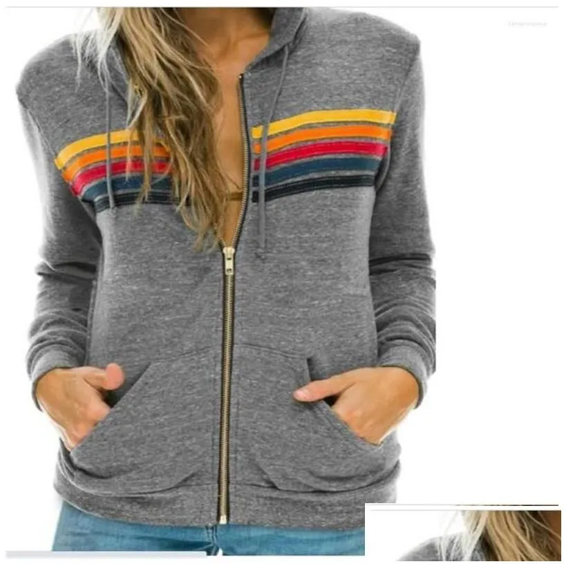 womens hoodies sweatshirts zipup jacket women rainbow stripe splicing long sleeve casual slim hooded autumn fashion europeusa sty
