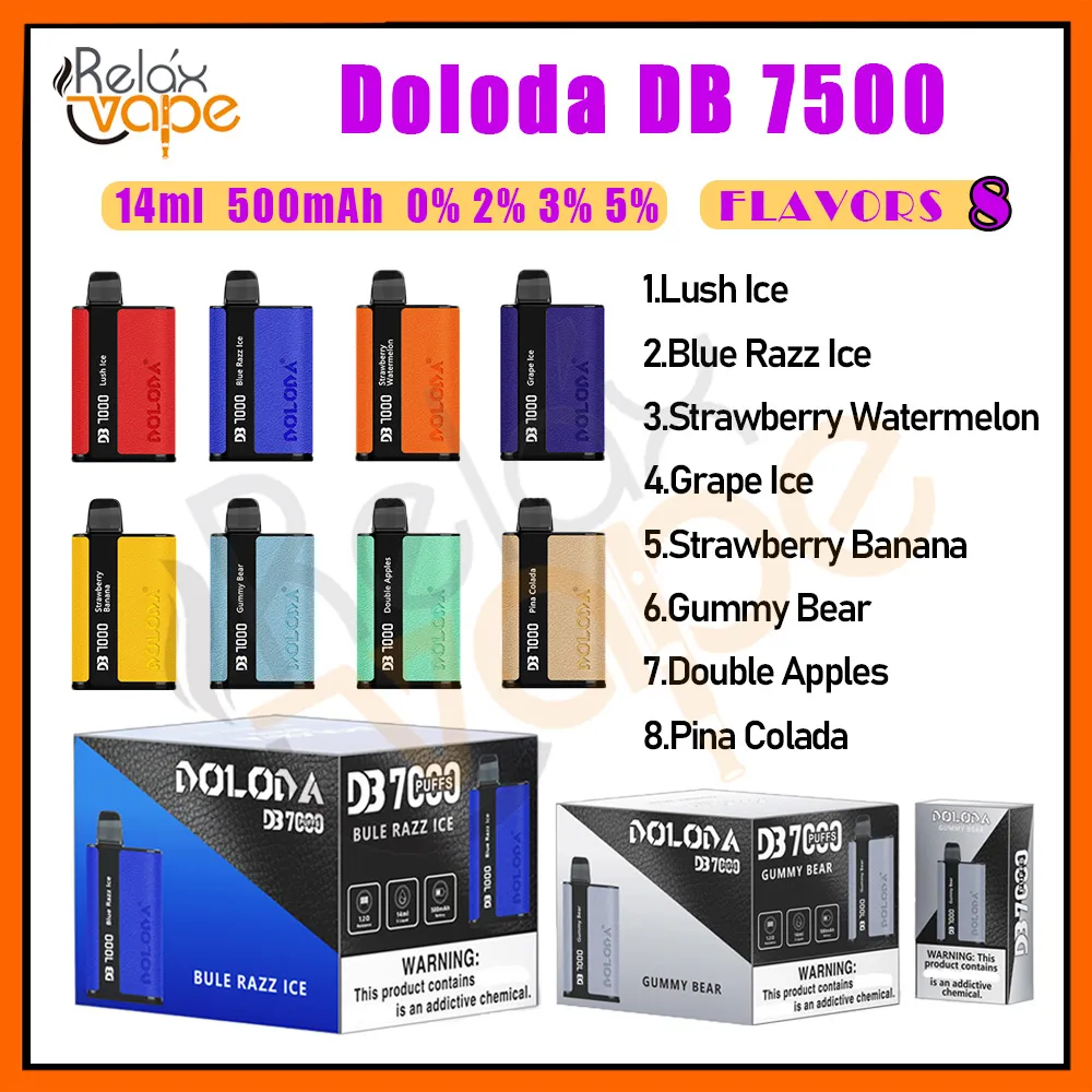 Oryginalne Doloda DB7000 Puff Ujeżdżalne Vape Pen Electronic Papalarettes 14 ml podeszwa Cewka siatkowa 500 mAh Bateria 0% 2% 3% 5% Urządzenie Puff 7k Vape E Cigs Elfbox w magazynie