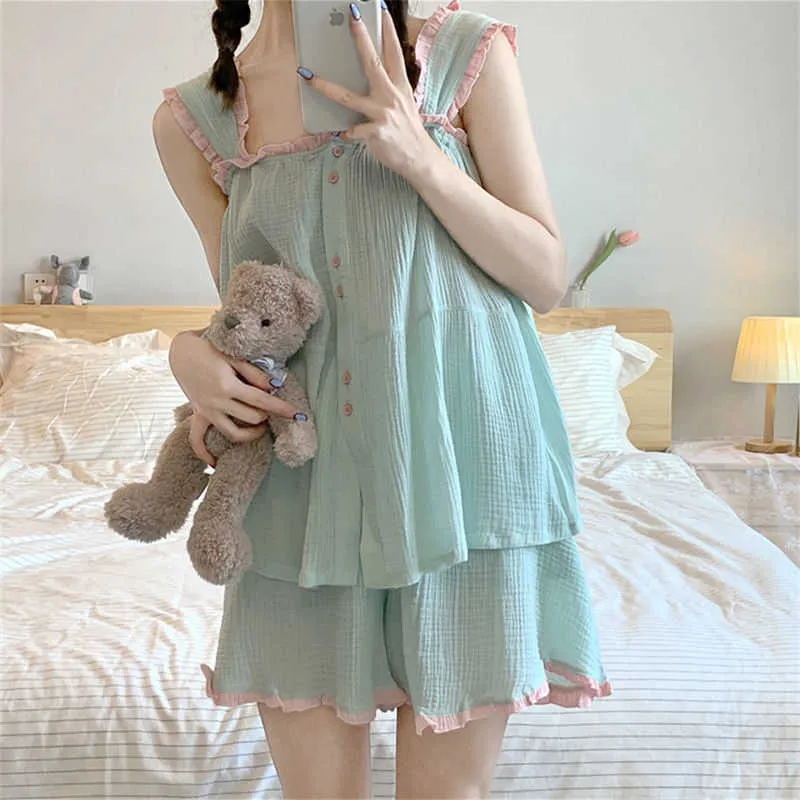 Ulzzang Womens Sweet Sleeveless Pajama Set With Ruffles And Shorts