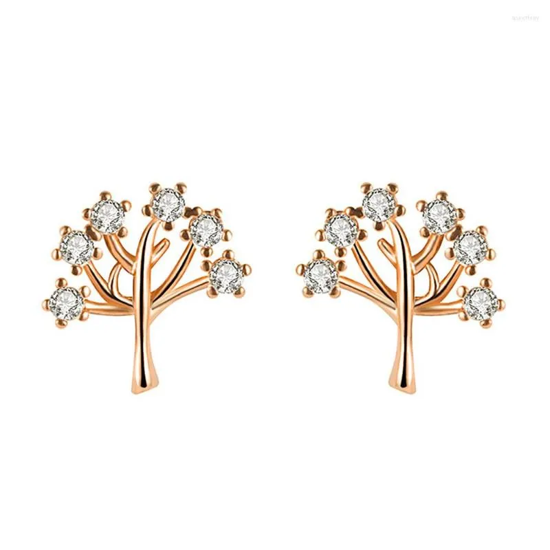 Orecchini a bottone Tree Of Life Chic Small Bling Crystal Zircon Diamonds Pietre preziose per le donne Accessori per gioielli color oro rosa