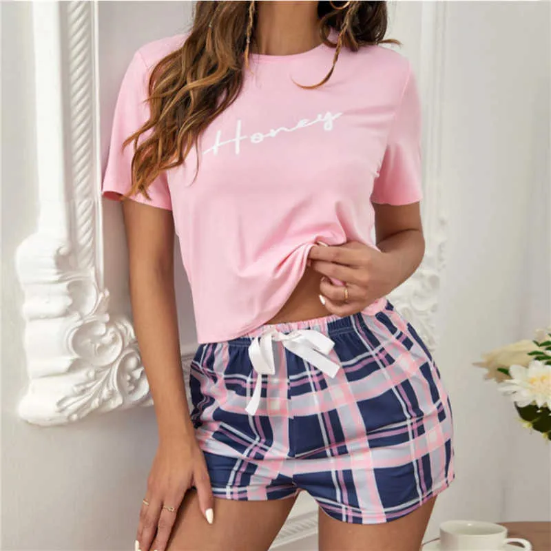 Womens Aerie Sleepwear Summer WomenS Aerie Sleepwear Letter Print Short Set  Pajamas For Women Pajama Set Sweet Short Sleeve T Shirts Grid Shorts Pijama  From Mauch, $16.32