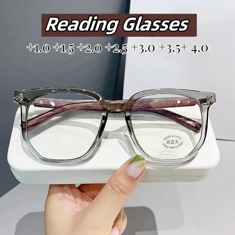 Okulary przeciwsłoneczne vintage modne okulary czytania dla kobiet mężczyzn luksusowe niebieskie światło blokujące Presbyopia przezroczyste drewniane nogi odległe okulary