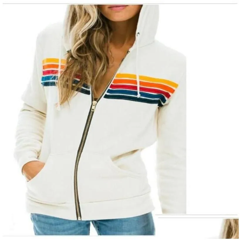 womens hoodies sweatshirts zipup jacket women rainbow stripe splicing long sleeve casual slim hooded autumn fashion europeusa sty